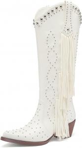 Женские западные сапоги Tsrenlmln, мода, заостренный носок, массивный каблук, заклепки, надевание, высокие до колена, с бахромой, Red