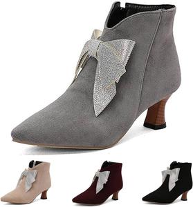 Женские замшевые ботильоны с бантом и стразами, модные, с заостренным носком, боковой молнией, средней высоты каблуком, для официального и делового стиля, свадеб и вечеринок ZLNMLD, Grey
