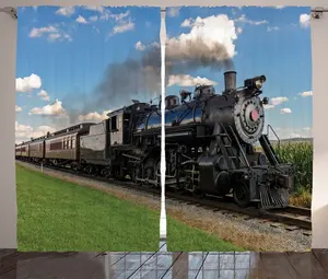 Штора ABAKUHAUS "Паровая машина", деревенский стиль, с пейзажным поездом, для спальни, присборенная тесьма, с петлями и крючками, 280 x 225 см, цвет: черный, зеленый, синий Abakuhaus