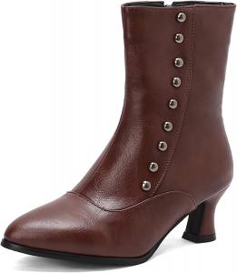 Женские кожаные ботильоны Alyaafifa на невысоком каблуке «kitten heel» с заостренным носком, винтажного викторианского стиля, удобные короткие ботинки с молнией, осенне-зимние туфли для платья, офиса или вечеринки, Solid - Brown