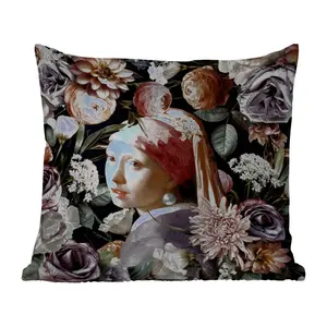 Подушка для улицы Девушка с жемчужной сережкой Цветы Вермеера Пастель Картина Старые мастера 45x45 см Влагозащищенная Подушка для отдыха Фотоподушка Декоративная подушка MuchoWow