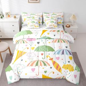 Erosebridal Комплект постельного белья Umbrella Bed in a Bag с мультяшными каплями дождя, милыми облаками и акварельными сердечками, White Green Yellow