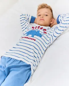 Длинная пижама на липучках с полосками и динозавром, однотонные штаны для мальчика Cotton Juice, синий