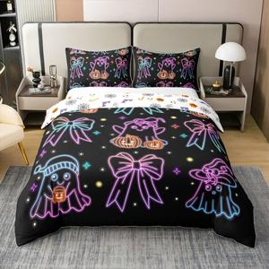 Erosebridal Комплект постельного белья Halloween Ghost Bows из 100% хлопка с тематикой Хэллоуина и милыми бантами, Black Purple Teal