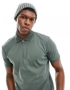 Зеленая футболка-поло с молнией до половины длины Selected Homme