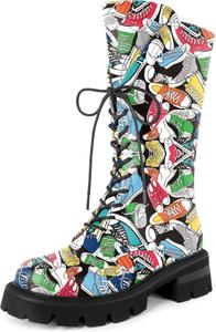 Женские боевые ботинки SAMMITOP, шнуровка, черные, средние по голени, низкий каблук, массивная подошва, круглый носок, ботинки для верховой езды, каблук 2 дюйма