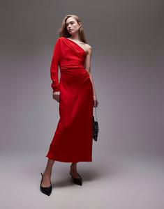 Длинное платье-макси на одно плечо с длинными рукавами Mango красного цвета