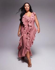 Платье макси ASOS DESIGN Curve с косыми оборками и открытой спиной розового цвета Asos Curve