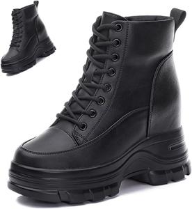 Женские кожаные ботильоны на танкетке с платформой и боевым стилем, с двойной боковой молнией, удобным круглым носком, шнуровкой, рифленой подошвой против скольжения, короткие ботинки для офиса, деловых встреч, свиданий и свадьбы NXNBHSL, Black C Velvet