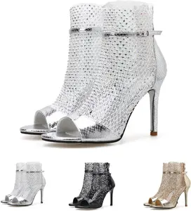 Женские ботильоны с сеткой и змеиным принтом, модные гладиаторские летние туфли на высоком каблуке, босоножки с открытым носком, украшенные стразами, ботильоны и сандалии Generic, Silver