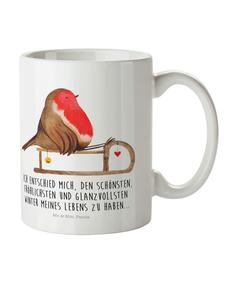 Детская кружка с изображением малиновки и санок с надписью на белом фоне Mr. & Mrs. Panda