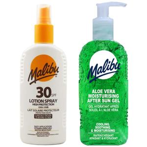 Водостойкий спрей Malibu SPF30 200 мл + Гель после загара с алоэ 200 мл