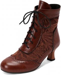 Туфли для женщин с круглым носком, на шнуровке, с низким каблуком, ренессансные ботильоны, обувь в стиле 70-х, ботинки ведьмы, стимпанк-ботинки Generic, B06-Brown
