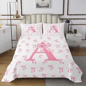 Erosebridal Комплект постельного белья A Quilt Set с милым бантом и монограммой в розово-белых тонах, White Pink a