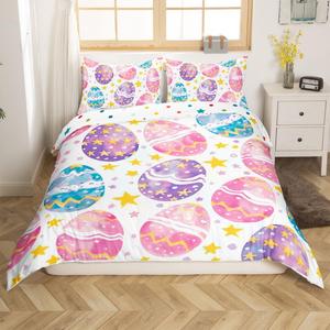 Erosebridal Комплект постельного белья Happy Easter с радужными яйцами и звездами в мультяшном стиле для детей и взрослых, Pink Yellow Purple