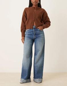 Джинсы Mango Cotton с широкими штанинами и отворотами, средне-синего цвета