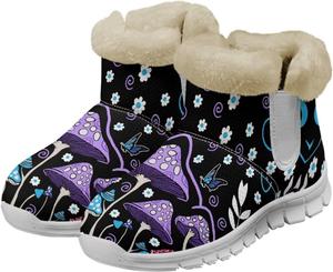 Зимние ботинки Howilath с принтом грибов для женщин, противоскользящие с меховой подкладкой, пушистые снежные сапоги, Cartoon Purple Mushroom