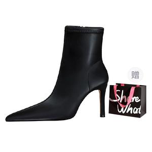 Ботильоны женские черные BIGTREE на каблуке 7,5 см, черные + Сумка для покупок