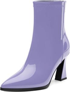 Женские ботинки с острым носком на высоком каблуке, укороченные ботильоны с боковой молнией, модные короткие ботинки из искусственной лакированной кожи для женщин RLYGHWAO, Lavender Patent