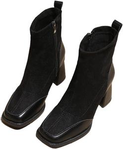 Женские ботильоны с квадратным носком на массивном каблуке - простая боковая молния, комбинированные с платьем, модные носочные удобные ботинки средней длины Generic, Black