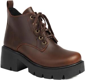 Женские укороченные ботильоны на шнуровке Aflngle с платформой, классический круглый носок, низкий массивный каблук, высокие грубые каблуки, панк-бойтовки, Dark Brown