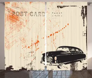 Винтажная деревенская штора ABAKUHAUS, винтажное искусство на тему старинных автомобилей, присборенная штора для спальни с петлями и крючками, 280 x 225 см, бежево-черный цвет Abakuhaus