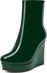 Женские лаковые ботильоны AMBELIGHT с молнией, на платформе, однотонные, с круглым носком, на клиновидном каблуке, средняя голень, 4 дюйма, Dark Green