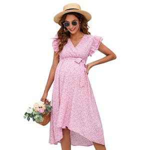 Женское платье для беременных с V-образным вырезом, рукавами-фонариками и поясом Seoria, Pink Floral