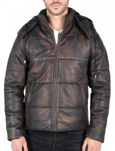 Мужская кожаная куртка-пуховик с капюшоном TruClothing, чёрный/коричневый