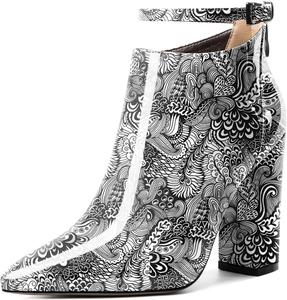 Женские ботильоны Soireelady с высоким массивным каблуком, заостренным носком, классической молнией, элегантные ботильоны на зиму с регулируемым ремешком на щиколотке, Patent Flower-White