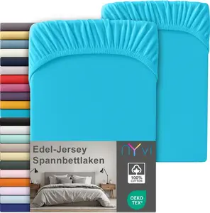 Простыня на резинке Premium Jersey Deluxe для матрасов глубиной до 25 см - 100% суперчесаный хлопок, 140 г/м², эластичная по всему периметру, цвет: бирюзовый, размер: 180-200 x 200 см (комплект из 2 шт.) NYVI