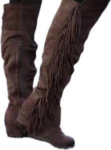 Зимние женские теплые ботфорты с бахромой, выше колена, повседневные, ретро, с круглым носком, на молнии, вестерн, длинные ботильоны XHLEMON, 5.5 Dark Brown