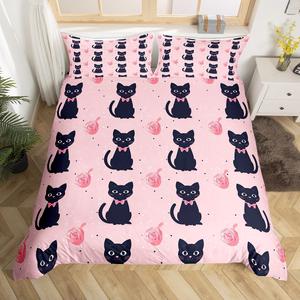 Erosebridal Комплект постельного белья Black Kitten с розовыми бантами и котиками, кавай дизайн для девочек, Pink Black