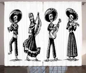 Штора ABAKUHAUS Dia De Los Muertos Rustic Curtain, Skeleton Music, универсальная ленточная штора для гостиной с петлями и крючками, 280 x 225 см, цвет: угольно-серый и белый Abakuhaus