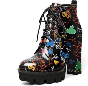Женские ботильоны на платформе Esvowido с круглым носком, шнуровкой, грубой высокообъемной подошвой, боковой молнией и мехом, короткие ботинки на высоком каблуке, Graffiti