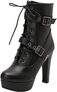 Женские ботильоны на высоком каблуке-платформе, с круглым носком, шнуровкой, ремешком на щиколотке, молнией, средней высоты голенища, пряжкой, каблук 6 дюймов, сексуальные ботильоны Generic, Black