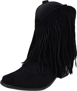 Женские ботильоны Uniquelly с кисточками, ковбойские ботинки до щиколотки, вышитые с острым носком, массивным каблуком, классические с бахромой, короткие вестерн-ботинки для ковбойш, Black