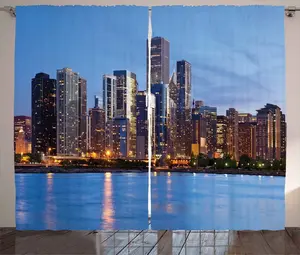Штора ABAKUHAUS Chicago Skyline Rustic, Закат в большом городе, универсальная ленточная штора для гостиной с петлями и крючками, 280 x 245 см, цвет: сине-оранжевый, серо-коричневый Abakuhaus