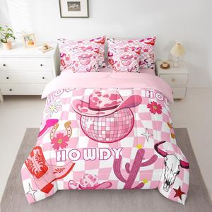 Erosebridal Комплект постельного белья King Size Disco Cowgirl в западном стиле с розовым одеялом в виде ковбойской шляпы и клетчатым геометрическим принтом, Pink