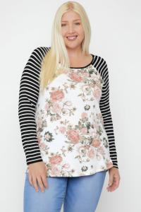 Женский цветочный топ с рукавами реглан в полоску и круглым вырезом TRUEDAMES, персиковый/мультиколор