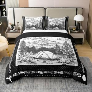 Erosebridal Комплект постельного белья Happy Camping из 100% хлопка с принтом лесные горы деревья геометрические точки натуральный черный серый, Black Grey