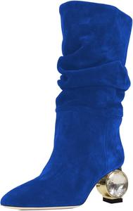 Женские сапоги XYD до середины голени, праздничные, с кристаллами, низкий каблук 2 дюйма, заостренный носок, для деревенской свадьбы, вечеринки, эластичные ботильоны, Navy