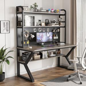 Компьютерный стол Xinmeikai 120x60 см с полками и перфорированной панелью, черный каркас + Mani gray