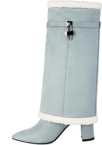 Женские сапоги AIJIVOU с отворотом и замком, на невысоком каблуке, средней длины, с заостренным носком, массивным каблуком, с меховым воротником, модные зимние сапоги в стиле «shark boots», Blue