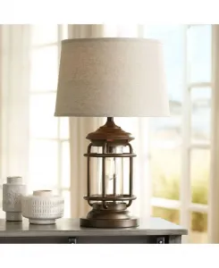 Настольная лампа Andreas Industrial высотой 70 см, коричневый металлик, светодиодная ночник и USB-порт для зарядки, абажур цвета овсянки, для гостиной и письменного стола Franklin Iron Works