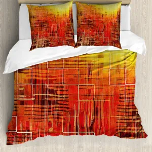 Пододеяльник ABAKUHAUS Burnt Orange, с ретро-мозаикой в стиле гранж, с защитой от клещей, подходит для аллергиков, с наволочками, 200 x 200 см - 80 x 80 см, оранжево-желтый