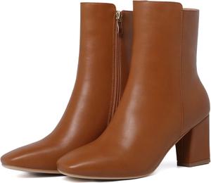 Женские ботильоны SHEMEE с квадратным носком, толстым каблуком и боковой молнией, Brown