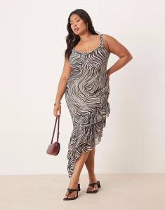 Платье миди ASOS DESIGN Curve с круглым вырезом, асимметричным оборчатым подолом и принтом животных ASOS Curve