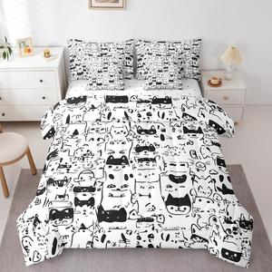 Erosebridal Комплект постельного белья Cartoon Cats с принтом милых котят в черно-белых тонах, Black White