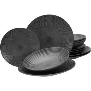 Столовый сервиз Leonique "Набор посуды, Сервиз Андре", (набор, 12 предметов, 4 обеденные тарелки; 4 тарелки для пасты/салата/супа; 4 десертные тарелки), вид ручной работы, сатиновая глазурь, 12 деталей на 4 персоны, антрацит